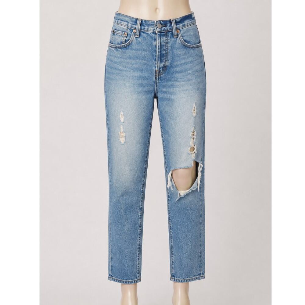 Levis White Oak Cone Denim Light Medium Wash Button Fly Distressed Slim Leg Jean